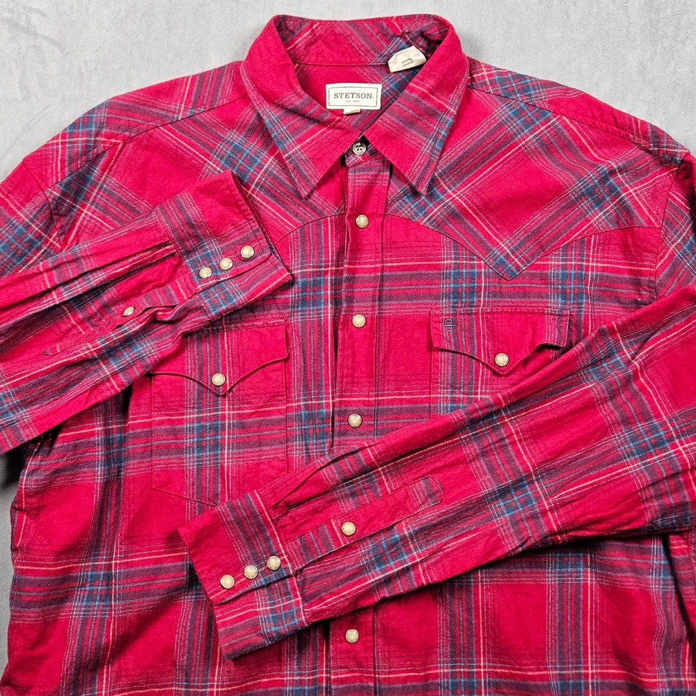 Stetson Western Pearl Snap Shirt Mens XL Red Plaid Long Sleeve Cotton Rodeo